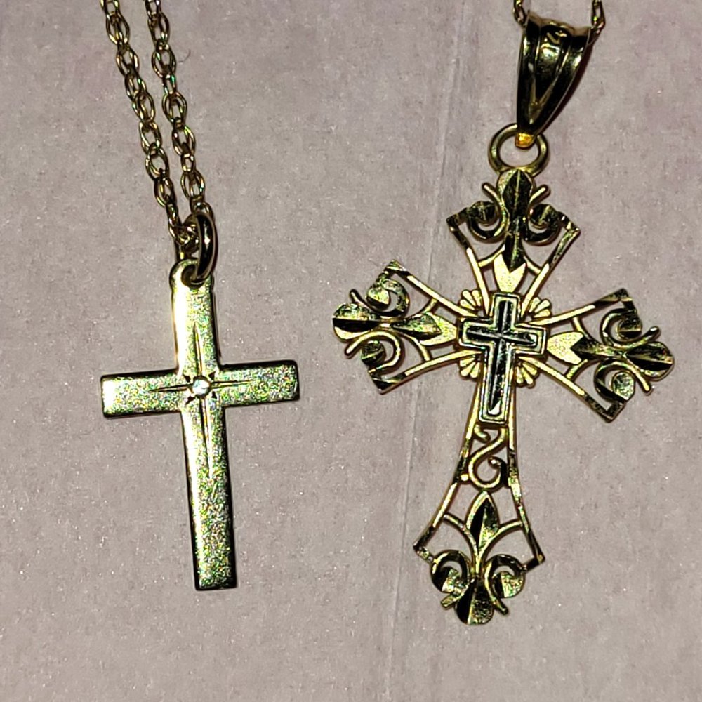 2 Real Gold Cross Christian Religious Necklaces